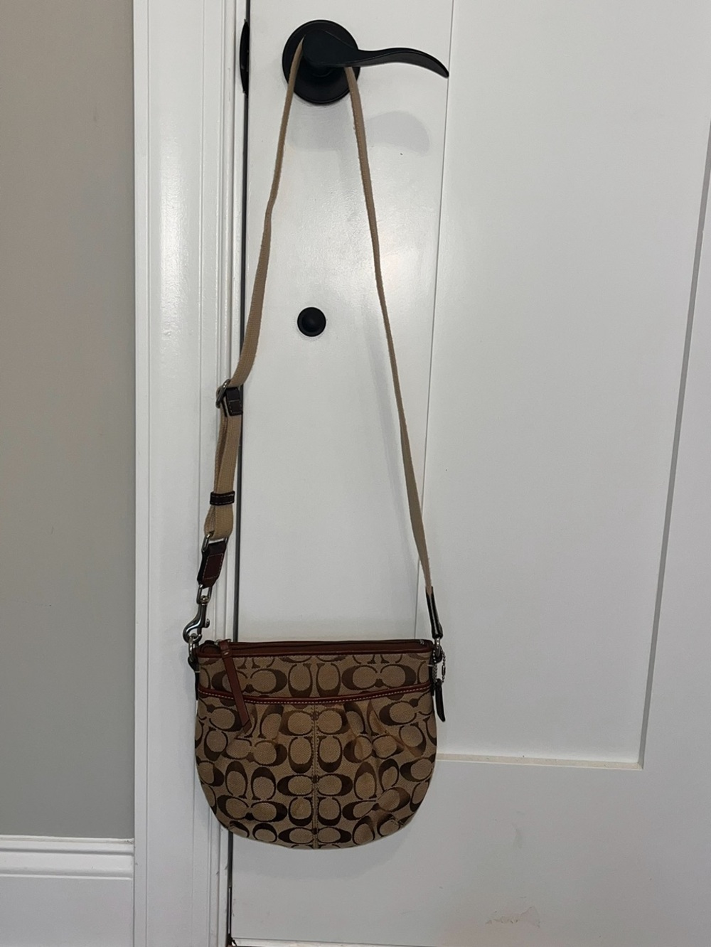 COACH: Vintage Signature Crossbody Monogram Logo Purse:Brown Fabric Canvas Strap